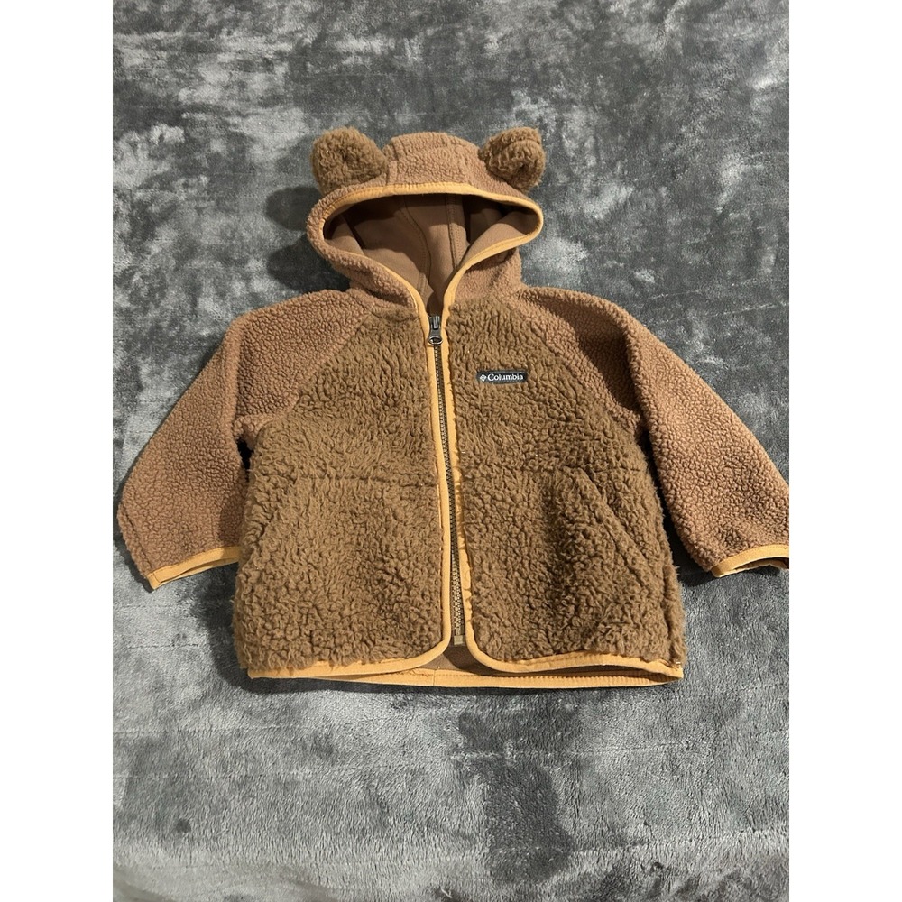 Columbia Hooded Bear Full Zip Fleece Jacket Brown/Tan Colorblock 6-12 Months